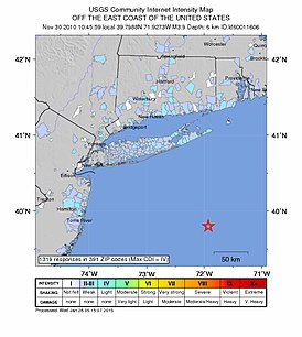 Эпицентр землетрясения у восточного побережья США 30 ноября 2010 года (Снимок USGS)