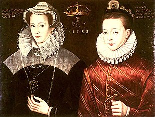 Mary Queen of Scots depicted with her son, James VI and I; in reality, Mary saw her son for the last time when he was ten months old Mary Stuart James.jpg