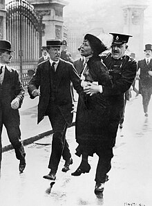 Emmeline Pankhurst arrested outside Buckingham Palace Mrs Emmeline Pankhurst, Leader of the Women's Suffragette movement, is arrested outside Buckingham Palace while trying to present a petition to King George V in May 1914. Q81486.jpg