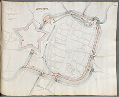 Kaart van 'Groninghen' rond 1570, vermoedelijk gemaakt in opdracht van Caspar de Robles. De beer voor Drenkelaarstoren is nog intact: deze werd kort na 1570 doorbroken voor de bouw van de Arx Nova, die hierop al staat ingetekend als schets. Het noorden is rechts.