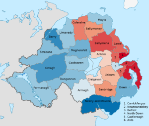 Districts of Northern Ireland by predominant religion at the 2011 census. Blue is Catholic and red is Protestant and other Christians. Religion Northern Ireland Districts 2011 Census.png