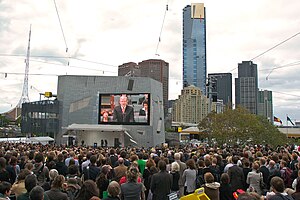 Kevin Rudd on screen in Federation Square, Mel...
