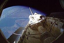 STS-42 with Spacelab hardware in the orbiter bay overlooking Earth STS-42 view of payload bay.jpg