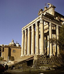 Portico of the Temple of Antoninus and Faustina, later incorporated into a church Sanlorenzoinmiranda-rome.jpg