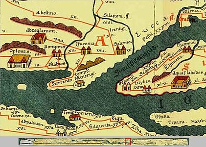 Posició d'Estàbia a la Taula de Peutinger