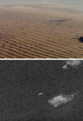 Sand dunes in the Namib Desert on Earth (top), compared with dunes in Belet on Titan Titan dunes crop.png