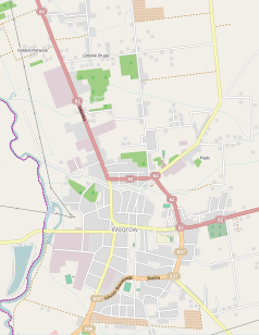 Mapa konturowa Węgrowa, u góry po lewej znajduje się punkt z opisem „Parafia pw. św. Ojca Pio w Węgrowie”