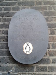 Plaque marking the fiftieth anniversary of the founding of Penguin Books by Allen Lane at 8 Vigo Street. Allen Lane Penguin plaque 8 Vigo Street.jpg