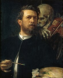 Man in black holding a paintbrush and palette with a skeleton playing a violin behind him
