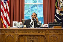 Barack Obama speaking with Hassan Rouhani on 27 September 2013 Barack Obama on the telephone with Hassan Rouhani.jpg