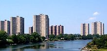 Co-op City in The Bronx, New York City is the largest cooperative housing development in the world, with 55,000 people. Co-op City Hutch River crop.jpg