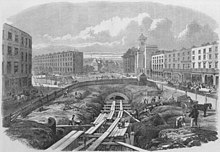 An engraving from the Illustrated London News showing the initial construction stages of London's Metropolitan Railway at King's Cross in 1861. Constructing the Metropolitan Railway.jpg