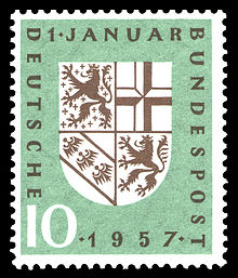 Stamp of the Deutsche Bundespost (1957) for the political incorporation of the Saarland into the Federal Republic of Germany on 1 January 1957 with the new state coat of arms of the Saarland DBP 249 Eingliederung Saarland 10 Pf 1957.jpg