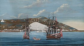 Grønland (til højre) og fregatten Falster ud for Algier i 1772