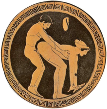 A prostitute and her customer illustrated on an ancient Greek wine cup; the act of prostitution is indicated by the coin purse above the figures. Griechen31.png