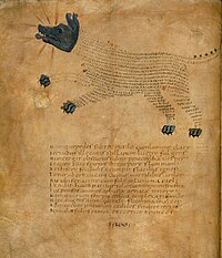 Calligram of the constellation "Sirius" from a 9th-century astronomical manuscript Illustration of the constellation Sirius - Harley Aratus (c.820-840), f.8v - BL Harley MS 647.jpg