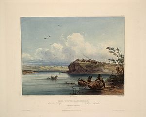 "Mih-Tutta-Hangjusch, a Mandan village": aquatint by Karl Bodmer from the book Maximilian, Prince of Wied's Travels in the Interior of North America, during the years 1832-1834. The name of the village is usually spelled "Mitutanka" now. Located on the west bank of the Missouri River, it was burned by Yankton Sioux Indians in 1839. Karl Bodmer Travels in America (49).jpg