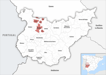 Die Lage des Gerichtsbezirk Montijo in der Provinz Badajoz