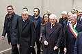 The President of Austria Alexander Van der Bellen and the President of Italy Sergio Mattarella together with the Governor of South Tyrol Arno Kompatscher and the Mayor of Bolzano Renzo Caramaschi by the Bolzano Transit Camp in 2019