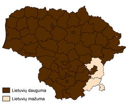 Lithuanians in Lithuania by majority and minority by muncipality-LT.png