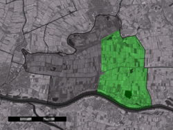 The village centre (dark green) and the statistical district (light green) of Herwijnen in the municipality of Lingewaal.