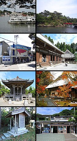 Top left: Matsushima Port, top right: Togetsukyō Bridge to Oshima Island, 2nd left: Matsushima Marinpia Aquarium (closed), 2nd right: Zuiganji Temple, 3rd left: Godaidō, 3rd right: Entsuin Temple, bottom left: Atago Shrine, bottom right: Matsushima Kaigan Train Station
