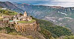 Stone church building on a cliff, look from above