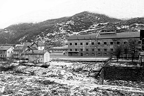 Photographie en noir et blanc des usines de Prémont derrière l'Arc, sur une carte postale en noir et blanc de l'époque ; on voit les bâtiments industriels, les logements et même les jardins des ouvriers.