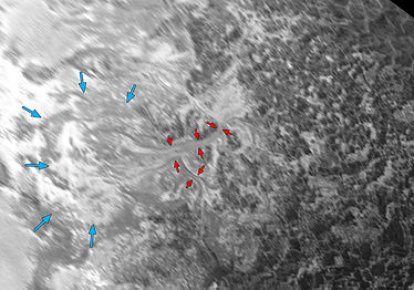 Nitrogen ice glaciers flowing into the planitia's eastern margin in a similar reprojected backlit view (context); valleys are 3 to 8 km wide