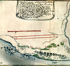 Карта, що відображує здавання у полон: червоним = московити, синім = шведи. Зліва внизу: Карл XII переправляється через Дніпро.
