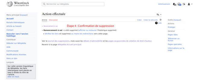 Capture d'écran avec identification de la page de confirmation de suppression.