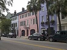 Rainbow Row's 13 houses along East Bay Street formed the commercial center of the town in the colonial period. Rainbow Row front.jpg