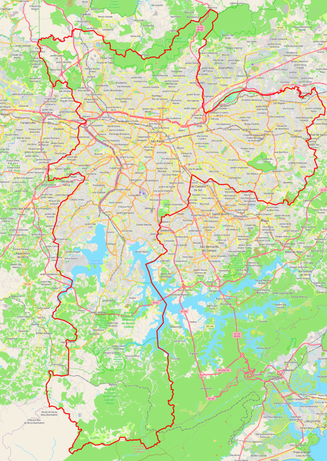 Mapa konturowa São Paulo, u góry po prawej znajduje się punkt z opisem „GRU”