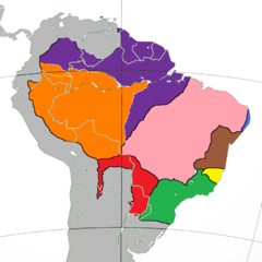 Distribuição geográfica dos macacos-pregos.   S. apella   S. cay   S. flavius   S. libidinosus   S. macrocephalus   S. nigritus   S. robustus   S. xanthosternos