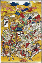 Darstellung der Schlacht bei Vögelinsegg in der Spiezer Chronik 1465