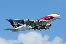 Singapore Airlines, the country's flag carrier, celebrated the nation's 2015 Golden Jubilee with a flag livery on its Airbus A380. Singapore Airlines, Airbus A380-800 9V-SKI '50th anniversary of Singapore' NRT (20786371995).jpg