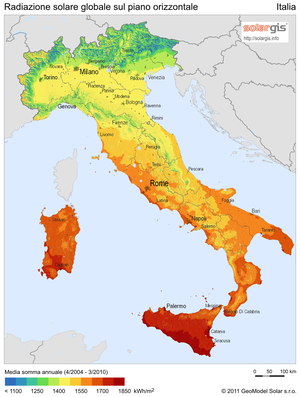 Radiazione solare sul piano orizzontale in Italia