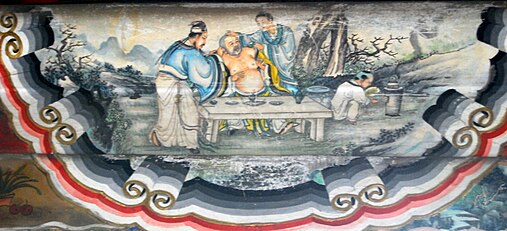 Ilustrasi dari "Koridor Panjang". Kiri ke kanan: Su Shi, Fo Yin (佛印), dan Huang Tingjian, sedang minum anggur.