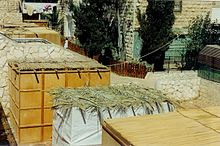 External aerial view of sukkah booths where Jewish families eat their meals and sleep throughout the Sukkot holiday Sukkah Roofs.jpg