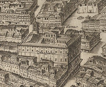 San Lorenzo in Damaso (här benämnd S Laureus in damas⋅) på Antonio Tempestas vy över Rom, Forma Urbis Romae, från år 1593.
