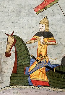 Timur leading his troops at the 1393 Conquest of Baghdad. Near-contemporary manuscript commissioned by his grandson Ibrahim Sultan in 1424–28. Published in 1435-36.jpg