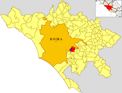 Vermicino (blua punkto) ene de la municipoj de Frascati (ruĝa), Romo (oranĝa) kaj la provinco