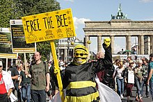 Protester with a "Free The Bee" placard during the COVID-19 protests in Berlin on 29th of August 2020, near the Brandenburg Gate Vicent-van-Volkmer-Bienen-Aktivist-Demo-29.08.2020 Berlin Covid-19 Pandemie.jpg