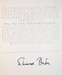 Würdigungspreis des BMUK für Karl-B. Kropf, Wien 1994