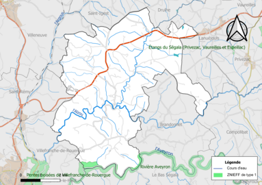 Carte de la ZNIEFF de type 1 de la commune.