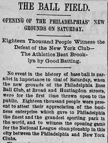 The Philadelphia Inquirer celebrates the opening of the Philadelphia Phillies' new ballpark on April 30, 1887 18870502PI3.jpg