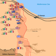 Disposition des troupes de l'Axe après l'ordre d'Adolf Hitler de rester sur place au soir du 3 novembre. On voit que le Deutsche Afrikakorps tient la position devant le saillant, la division Ariete se trouve au sud.