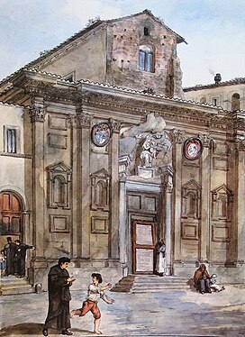 Santa Maria in Monserrato. Akvarell utförd av Achille Pinelli år 1834. Notera fasadens ofullbordade övervåning.