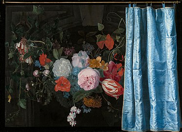 Trompe-l'Oeil -asetelma; kukkaseppele ja verho, 1658, 46,5 × 63,9 cm, Art Institute of Chicago, Chicago. Maalattu yhdessä Adriaen van der Speltin kanssa.
