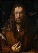 Avtoportret pri 28 letih, 1500. Stara pinakoteka, München. Tu se Dürer predstavi v portretu, ki se močno sklicuje na ikonografijo Kristusa.